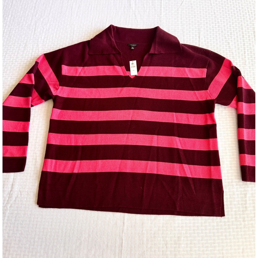 Talbots Striped Wool Blend Polo Sweater XL Burgundy Pink V-Neck NWT 56434958